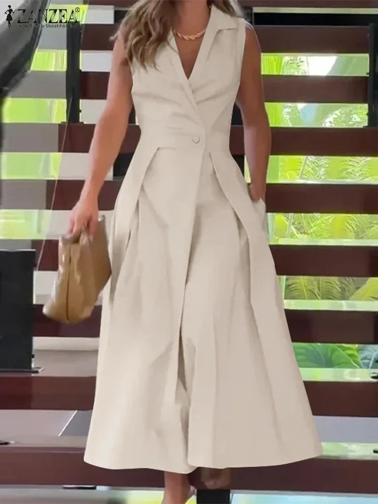 ZANZEA Commute Fashion Midi Dress Summer Lapel Neck Elegant Cinched Waist Pleated Dresses Women Soild Color A-line Vestidos