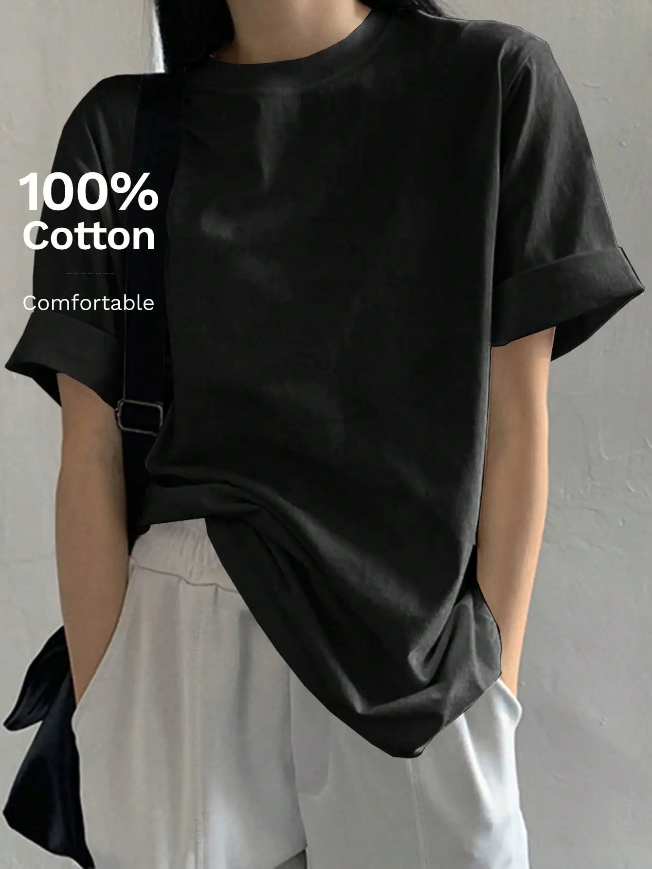 100% Cotton Oversized Round Neck T-Shirt for Women - Breathable Comfortable Lightweight Tee