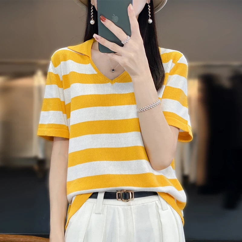 Summer New Pure Cotton Knit T-shirt Women's Design Feel Loose Polo Neck Short Sleeve Korean Fashion V-neck Stripe Contrast Top