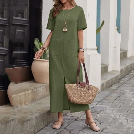 Summer Women's Long Skirt Short Sleeves Cotton and Linen Blend Loose Pockets O-neck Solid Color Simple Casual Dress