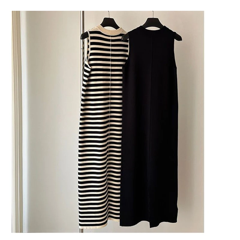 striped knitted sleeveless vest dress for women in summer, loose and slimming, high waist,  straight tube skirt, retro