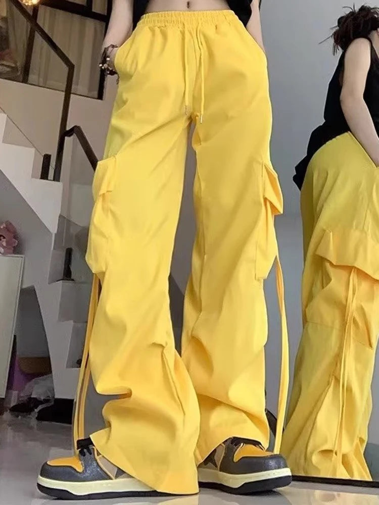 Women Korean High Waisted Slacks Lady Japanese 2000s Style Y2k Lace Up Cargo Trousers Female Yellow Pink Blue Black Joggers