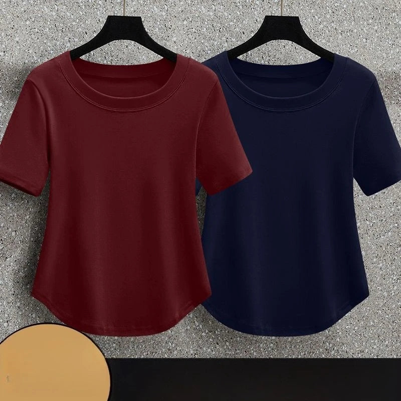 Korean-style Women's Round Neck T-Shirt Soft Slim Waist Short-Sleeved T-Shirt Fashion Solid Color Breathable Lightweight Top