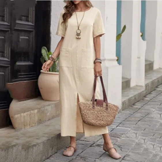 Summer Women's Long Skirt Short Sleeves Cotton and Linen Blend Loose Pockets O-neck Solid Color Simple Casual Dress