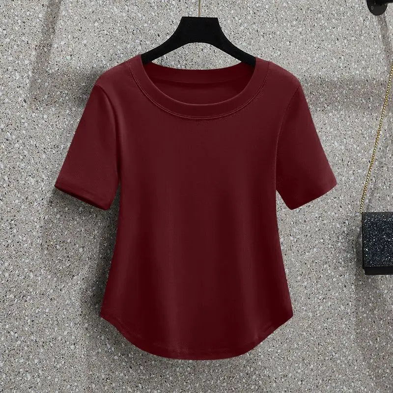 Korean-style Women's Round Neck T-Shirt Soft Slim Waist Short-Sleeved T-Shirt Fashion Solid Color Breathable Lightweight Top
