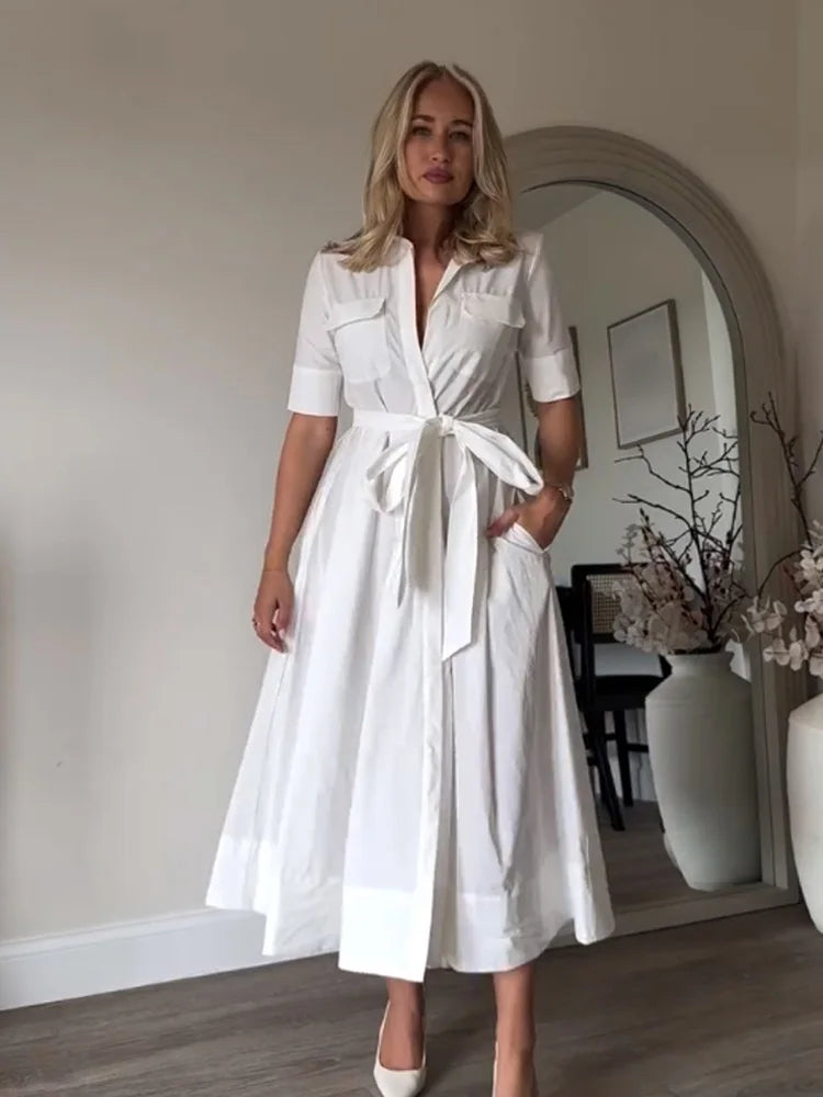 HH Women Summer Lapel Short Sleeve Pocket Single-Breasted Belt Decorate Midi Dress Female Fashion Shirt Style Pleated Dress