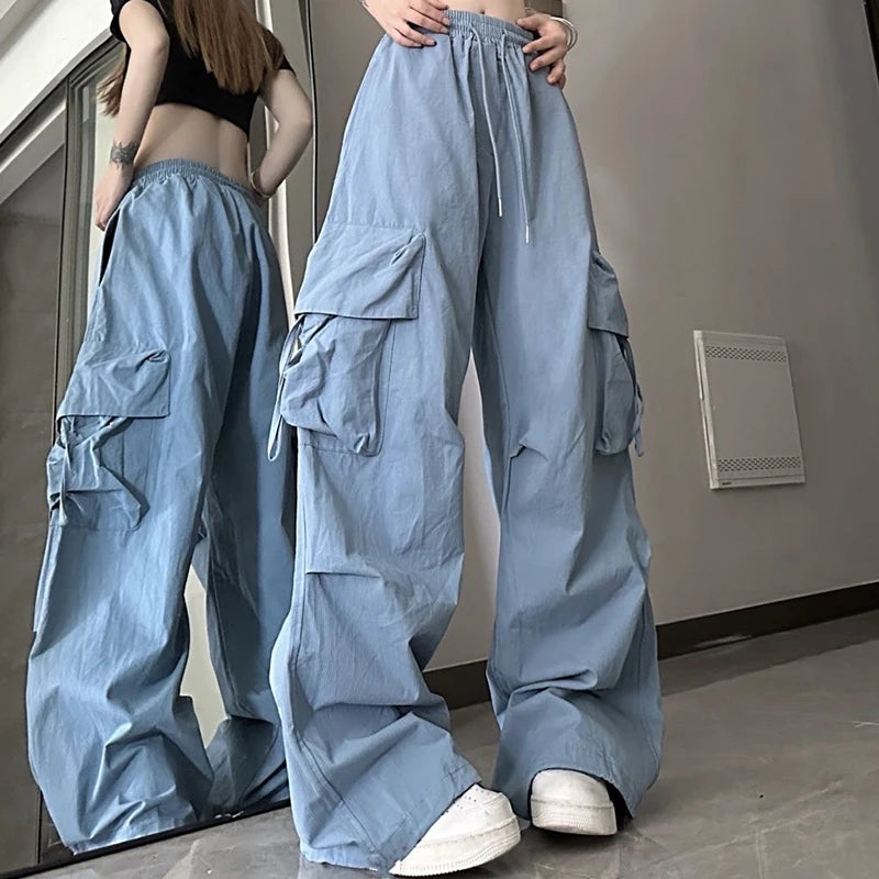 Women Korean High Waisted Slacks Lady Japanese 2000s Style Y2k Lace Up Cargo Trousers Female Yellow Pink Blue Black Joggers