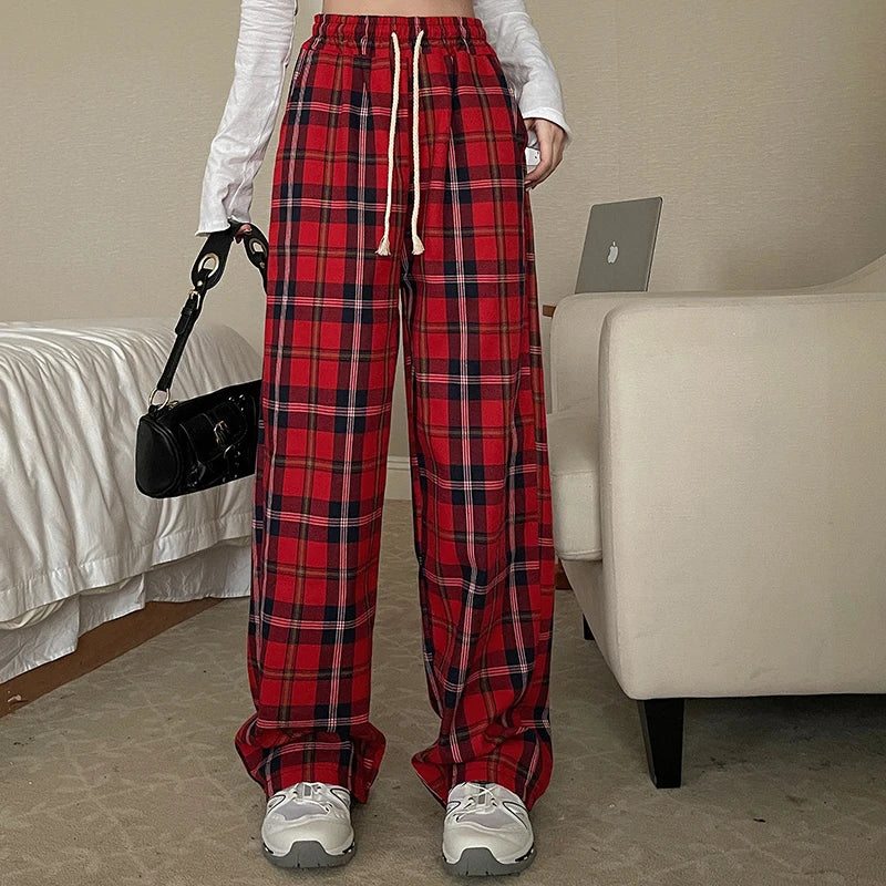 Women High Waist Y2k Loose Straight Leg Pants Lady Korean Harajuku Baggy Wide Leg Trousers Female Casual Grunge Red Plaid Slacks
