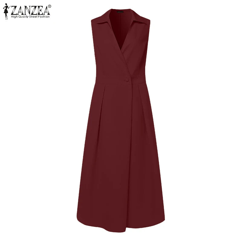 ZANZEA Commute Fashion Midi Dress Summer Lapel Neck Elegant Cinched Waist Pleated Dresses Women Soild Color A-line Vestidos