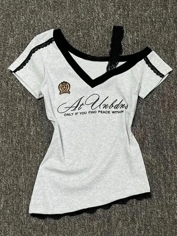 White-Gray Lace Sport Sexy Summer Off shoulder Top Women Y2k V neck Short sleeve T shirt Fashion Korean Lady Basic Tees 2026 New