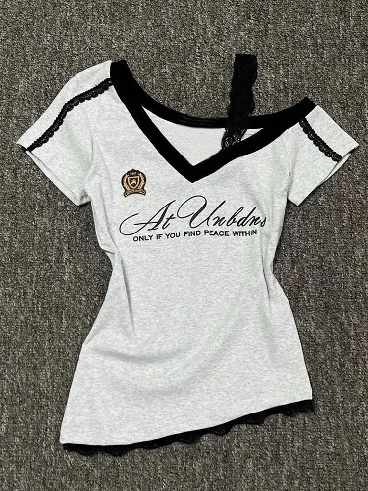 White-Gray Lace Sport Sexy Summer Off shoulder Top Women Y2k V neck Short sleeve T shirt Fashion Korean Lady Basic Tees 2026 New