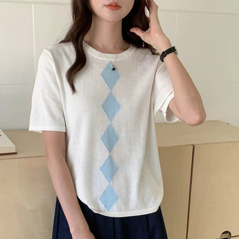 2026 Summer New Women 100% Cotton Knit Round Neck T-shirt Women Clothing Tops Color Blocking Short Sleeve Casual Basic Pullover