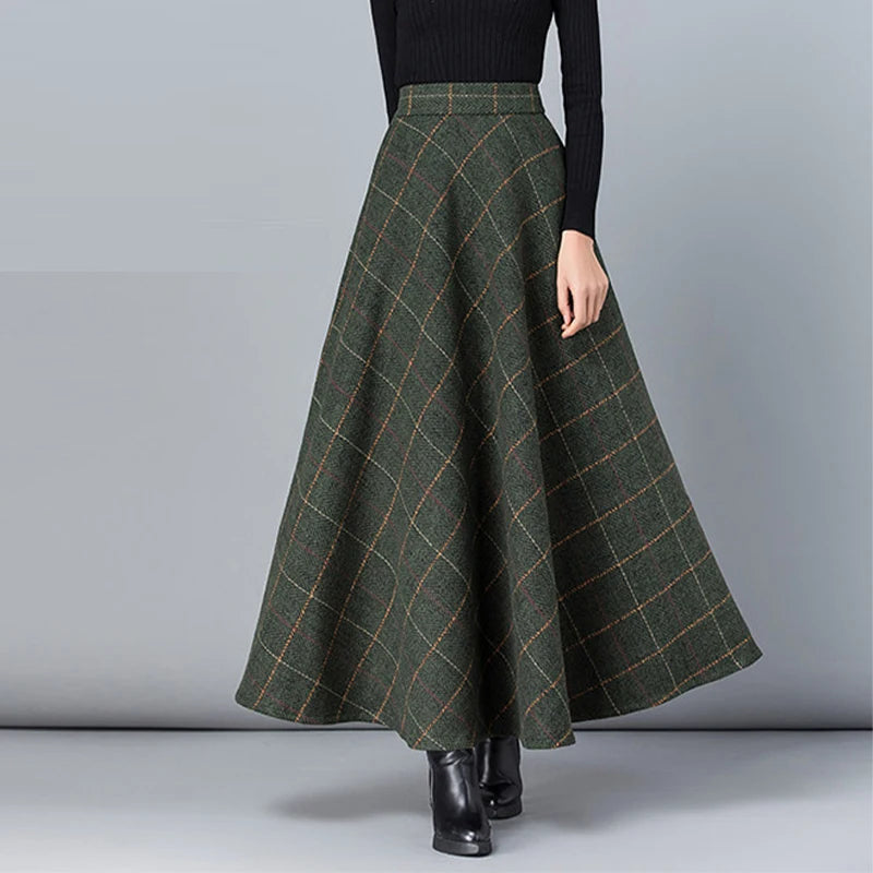 Women's 2025 Fall/Winter Retro Plaid Wool Midi Skirt - High-Waisted A-Line, Plus Size, Thickened & Slimming Long Skirt