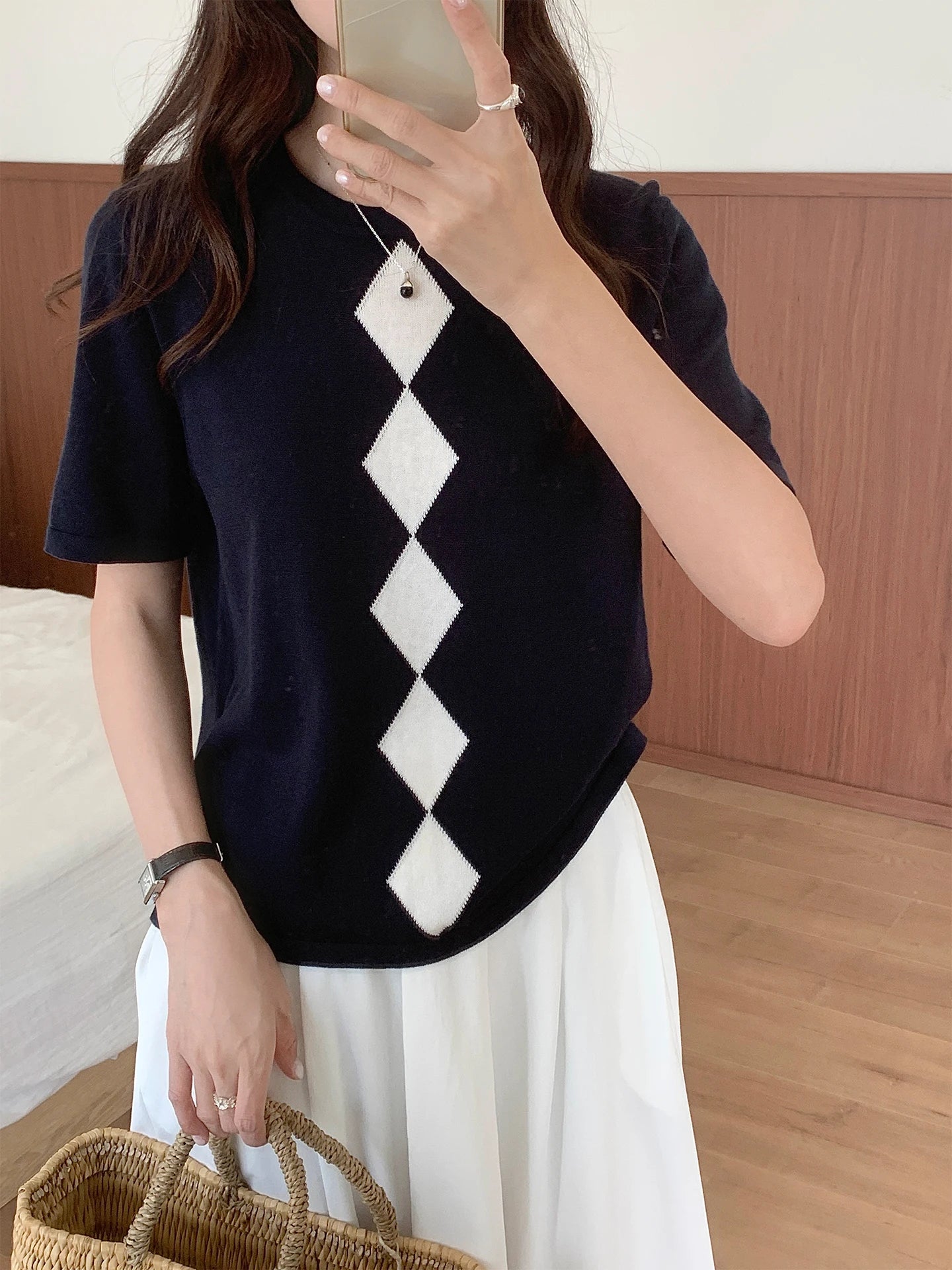 2026 Summer New Women 100% Cotton Knit Round Neck T-shirt Women Clothing Tops Color Blocking Short Sleeve Casual Basic Pullover