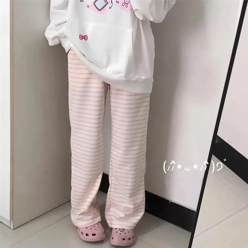 Cute Y2K Striped Pants Women Kawaii Sweet Harajuku Fleece Sports Korean Fashion Sweatpants Girly Basic Cartoon Japanese Trousers